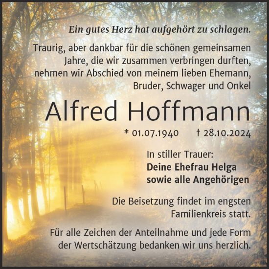 Traueranzeige von Alfred Hoffmann von Trauerkombi Mansfelder Land