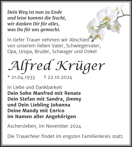 Traueranzeige von Alfred Krüger von Trauerkombi Aschersleben