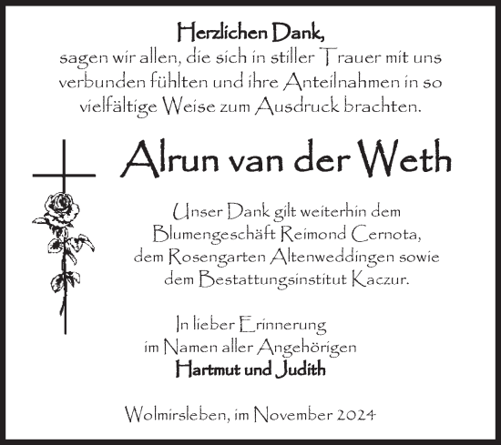 Traueranzeige von Alrun van der Weth von Volksstimme Staßfurt