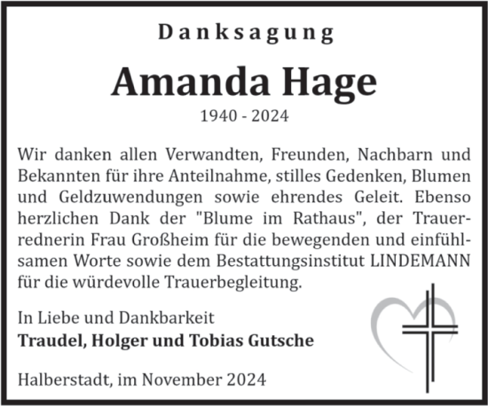 Traueranzeige von Amanda Hage von Volksstimme Halberstadt