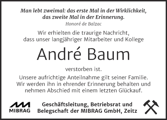 Traueranzeige von Andre Baum von Super Sonntag Weißenfels