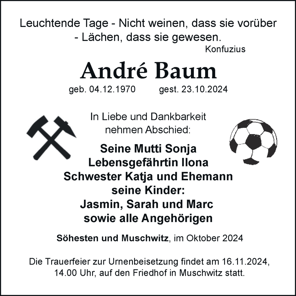  Traueranzeige für Andre Baum vom 02.11.2024 aus Trauerkombi Weißenfels