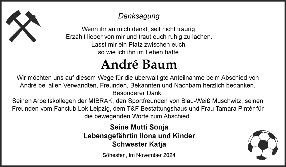  Traueranzeige für Andre Baum vom 23.11.2024 aus Trauerkombi Weißenfels