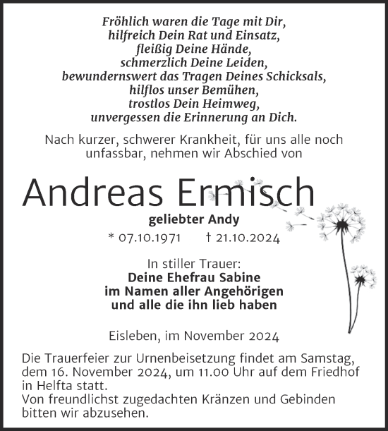 Traueranzeige von Andreas Ermisch von Trauerkombi Mansfelder Land