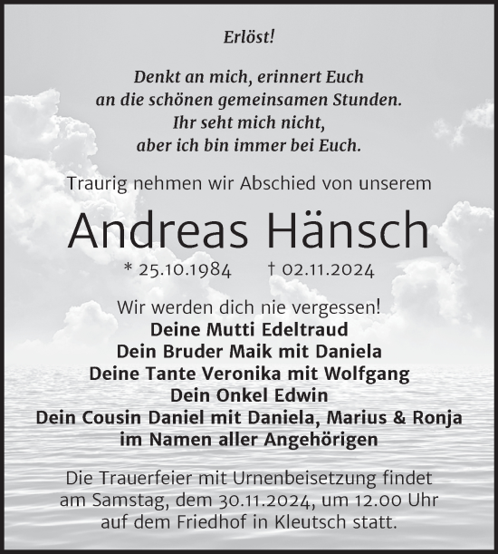 Traueranzeige von Andreas Hänsch von Trauerkombi Bitterfeld