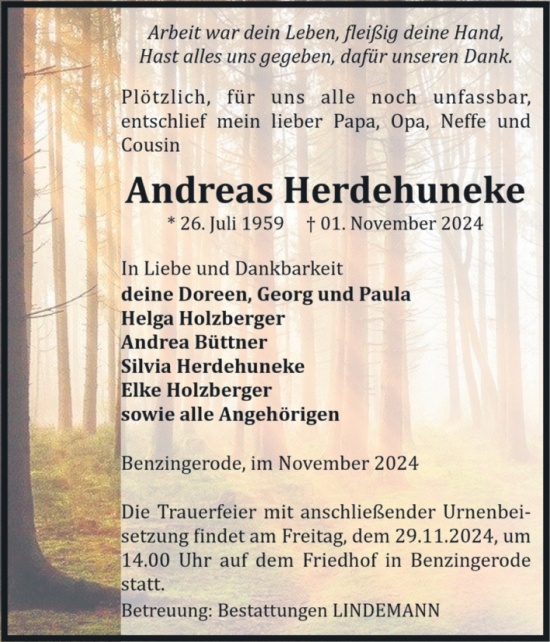 Traueranzeige von Andreas Herdehuneke von Volksstimme Wernigerode