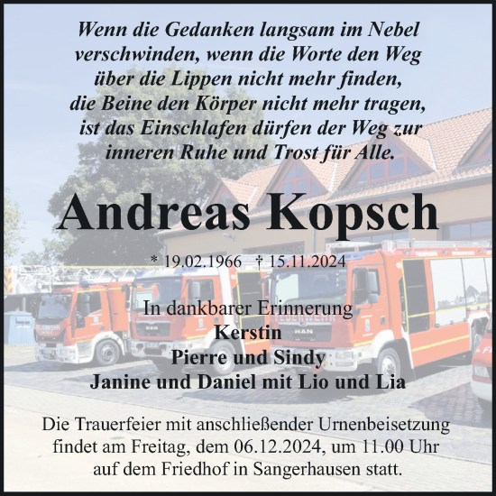 Traueranzeige von Andreas Kopsch von Trauerkombi Sangerhausen