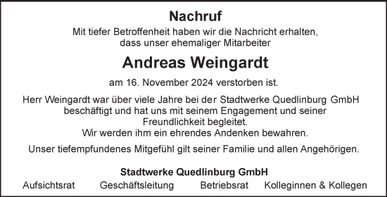 Traueranzeige von Andreas Weingardt von Mitteldeutsche Zeitung Quedlingburg