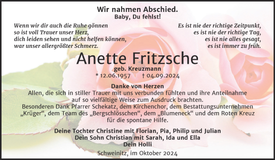 Traueranzeige von Anette Fritzsche von Trauerkombi Wittenberg