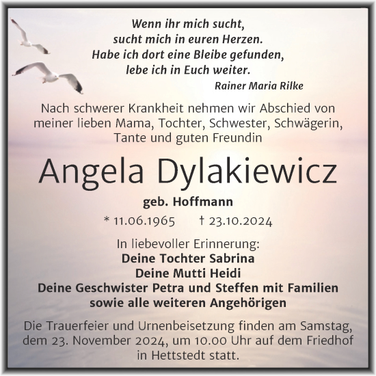 Traueranzeige von Angela Dylakiewicz von Trauerkombi Mansfelder Land