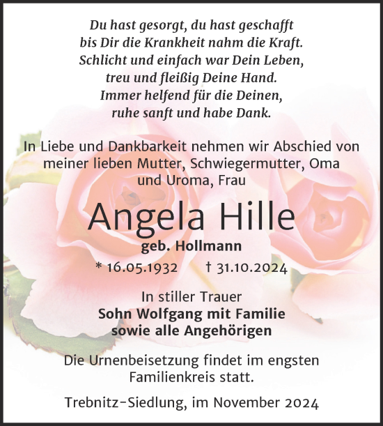 Traueranzeige von Angela Hille von Trauerkombi Weißenfels