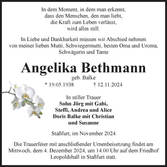 Traueranzeige von Angelika Bethmann von Volksstimme Staßfurt