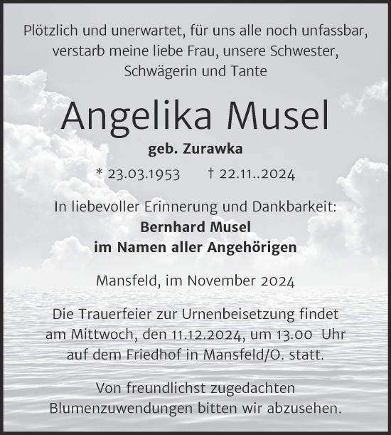 Traueranzeige von Angelika Musel von Trauerkombi Mansfelder Land