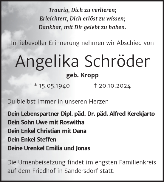 Traueranzeige von Angelika Schröder von Trauerkombi Bitterfeld