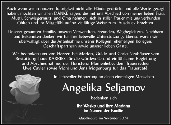 Traueranzeige von Angelika Seljamov von Trauerkombi Quedlinburg
