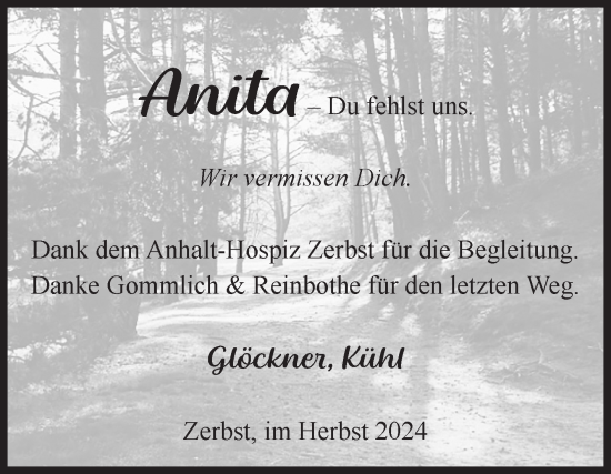 Traueranzeige von Anita  von Volksstimme Zerbst