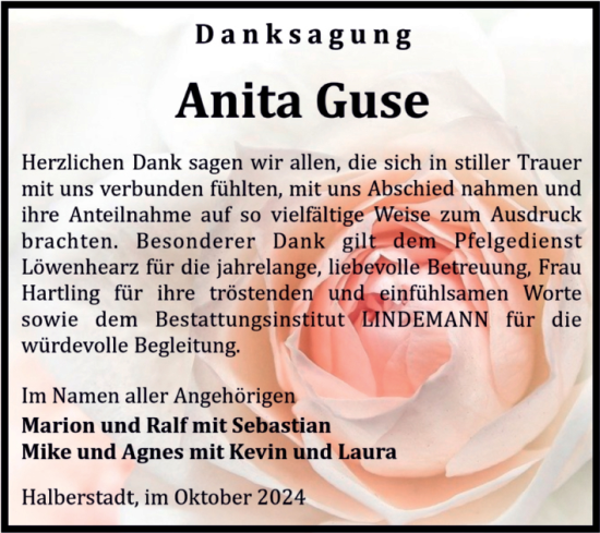Traueranzeige von Anita Guse von Volksstimme Halberstadt