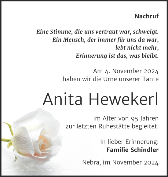 Traueranzeige von Anita Hewekerl von Super Sonntag Naumburg/Nebra