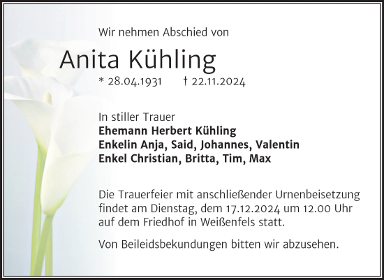 Traueranzeige von Anita Kühling von Mitteldeutsche Zeitung Weißenfels