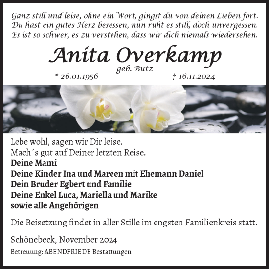 Traueranzeige von Anita Overkamp von Volksstimme Schönebeck