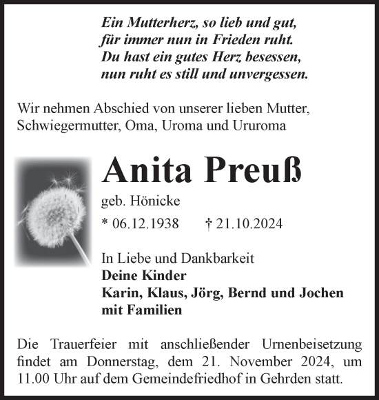 Traueranzeige von Anita Preuß von Volksstimme Zerbst