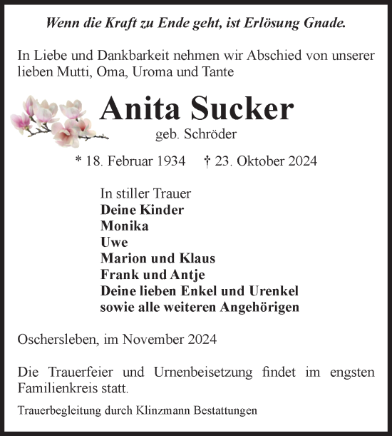 Traueranzeige von Anita Sucker von Volksstimme Oschersleben/Wanzleben