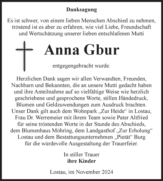 Traueranzeige von Anna Gbur von Volksstimme Burg/Genthin