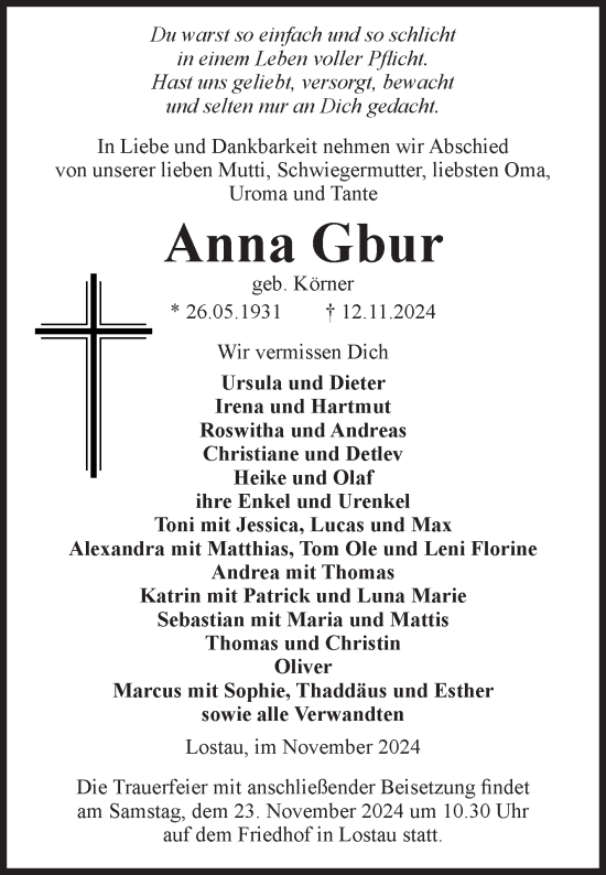 Traueranzeige von Anna Gbur von Volksstimme Burg/Genthin