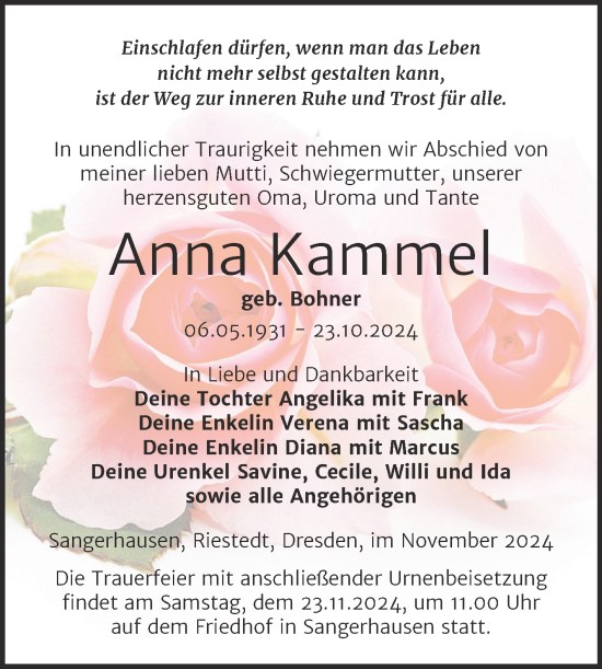Traueranzeige von Anna Kammel von Trauerkombi Sangerhausen