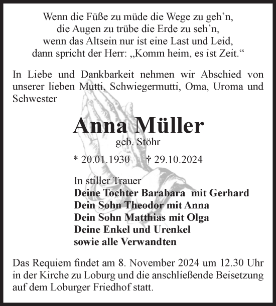 Traueranzeige von Anna Müller von Volksstimme Zerbst