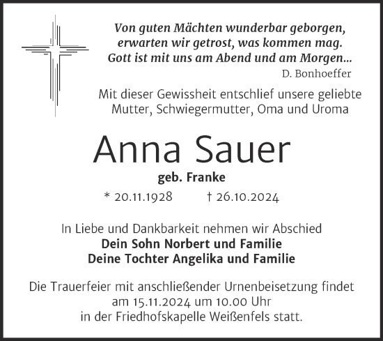 Traueranzeige von Anna Sauer von Trauerkombi Weißenfels