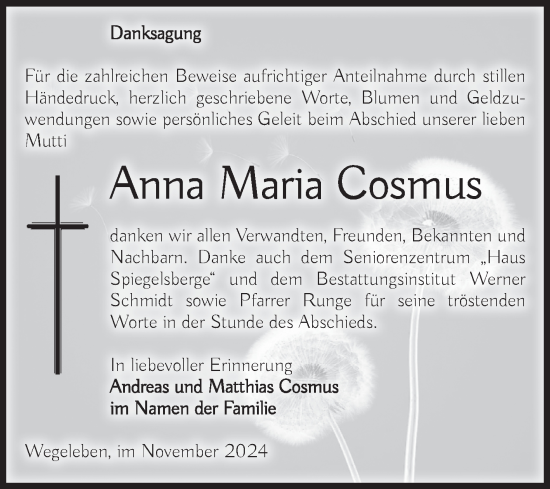 Traueranzeige von Anna Maria Cosmus von Volksstimme Halberstadt