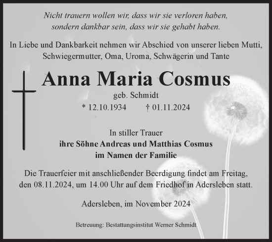 Traueranzeige von Anna Maria Cosmus von Volksstimme Halberstadt