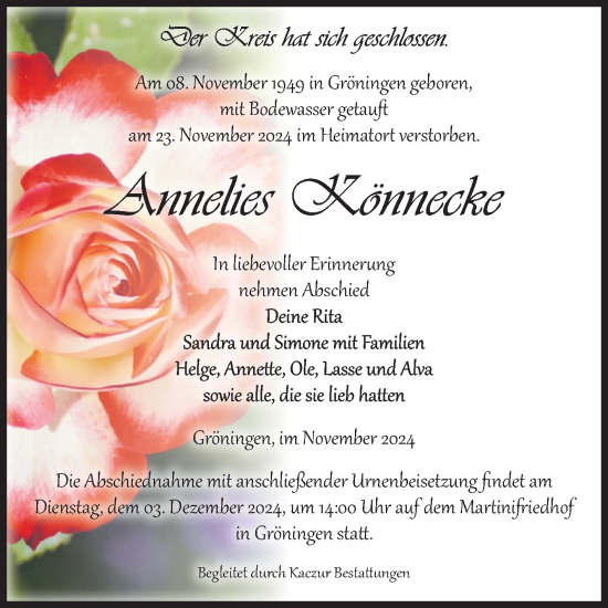 Traueranzeige von Annelies Könnecke von Volksstimme Oschersleben/Wanzleben