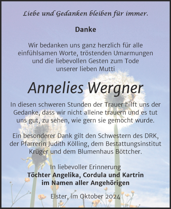 Traueranzeige von Annelies Wergner von Trauerkombi Wittenberg