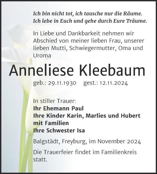 Traueranzeige von Anneliese Kleebaum von Naumburger Tageblatt