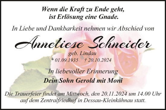 Traueranzeige von Anneliese Schneider von Trauerkombi Dessau