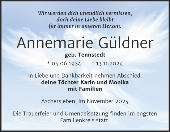 Traueranzeige von Annemarie Güldner von Trauerkombi Aschersleben