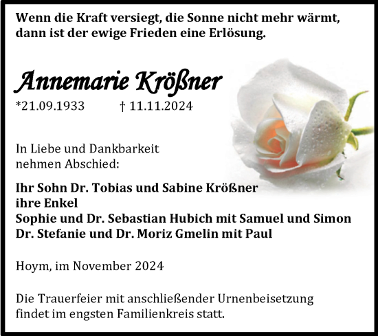 Traueranzeige von Annemarie Krößner von Trauerkombi Aschersleben