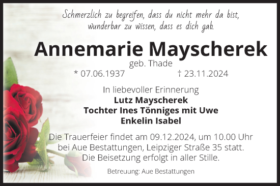 Traueranzeige von Annemarie Mayscherek von Volksstimme Magdeburg