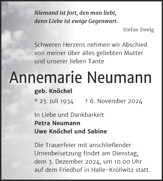Traueranzeige von Annemarie Neumann von Mitteldeutsche Zeitung Halle/Saalkreis