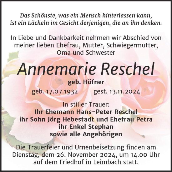 Traueranzeige von Annemarie Reschel von Mitteldeutsche Zeitung Mansfelder Land