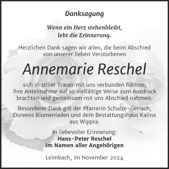 Traueranzeige von Annemarie Reschel von Trauerkombi Mansfelder Land