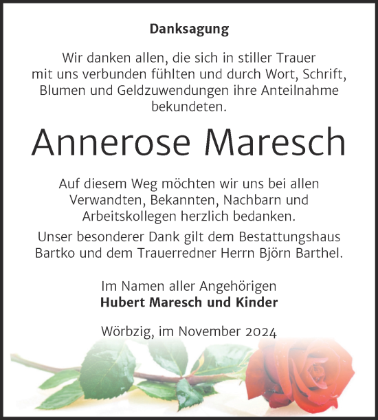 Traueranzeige von Annerose Maresch von Trauerkombi Köthen