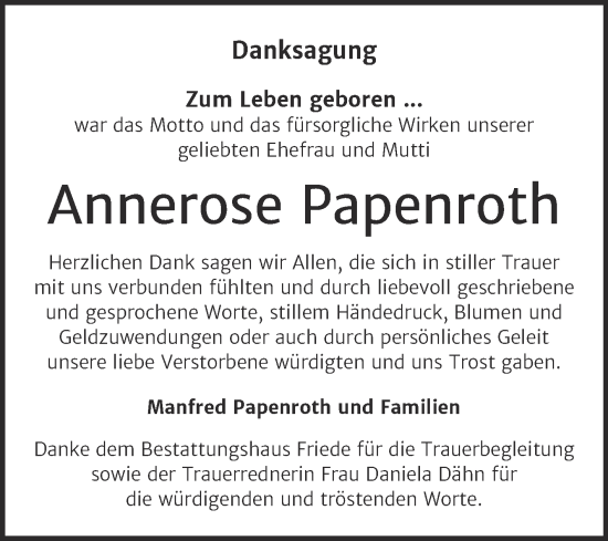 Traueranzeige von Annerose Papenroth von Trauerkombi Dessau