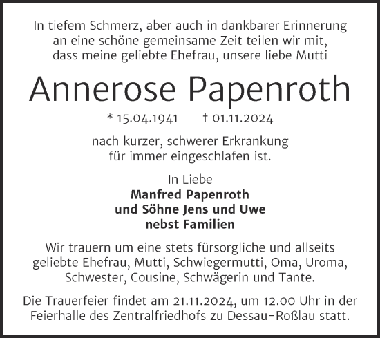 Traueranzeige von Annerose Papenroth von Trauerkombi Dessau