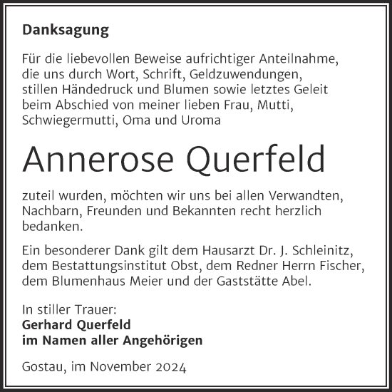 Traueranzeige von Annerose Querfeld von Trauerkombi Weißenfels