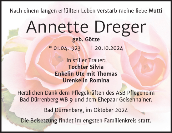Traueranzeige von Annette Dreger von Trauerkombi Merseburg