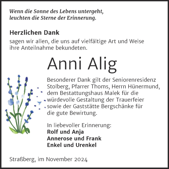 Traueranzeige von Anni Alig von Trauerkombi Quedlinburg