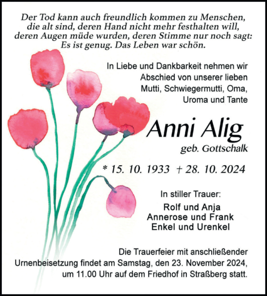 Traueranzeige von Anni Alig von Trauerkombi Quedlinburg